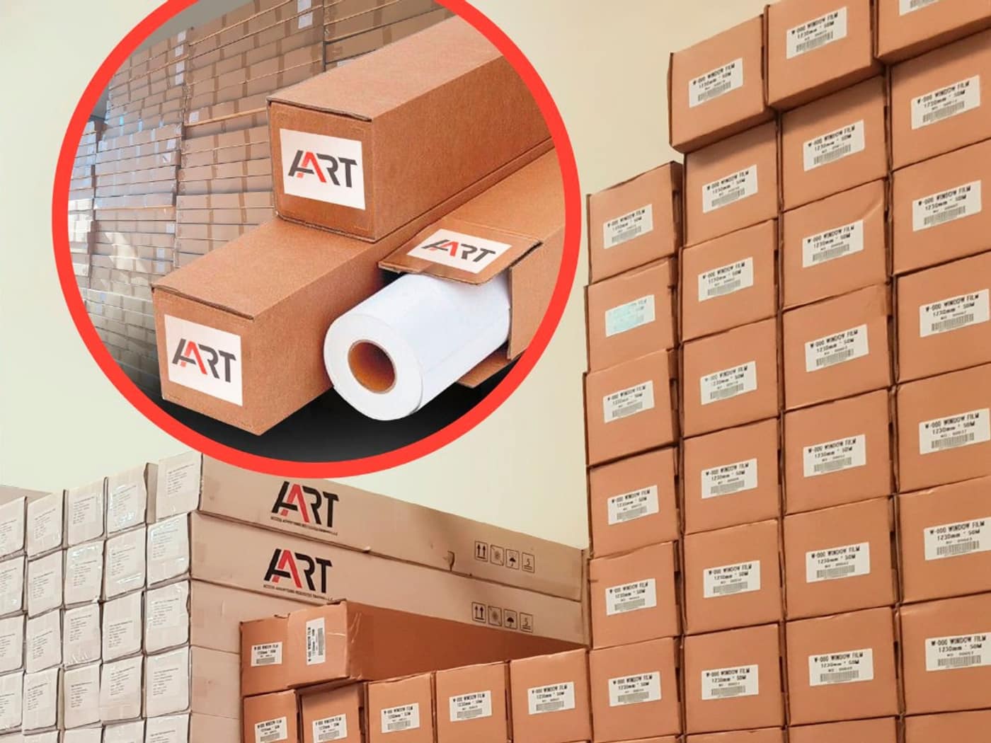 Stocked printing media rolls and packaged advertising materials at AART in Dubai